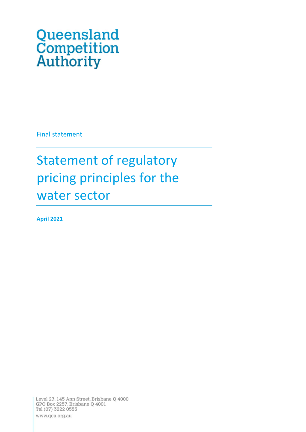 Statement of Regulatory Pricing Principles for the Water Sector