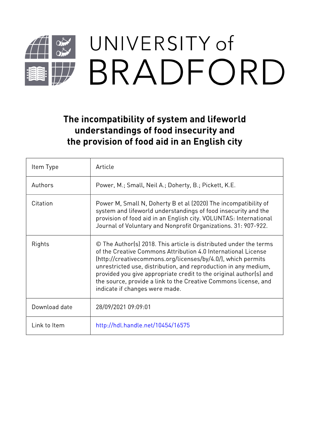 The Incompatibility of System and Lifeworld Understandings of Food Insecurity and the Provision of Food Aid in an English City