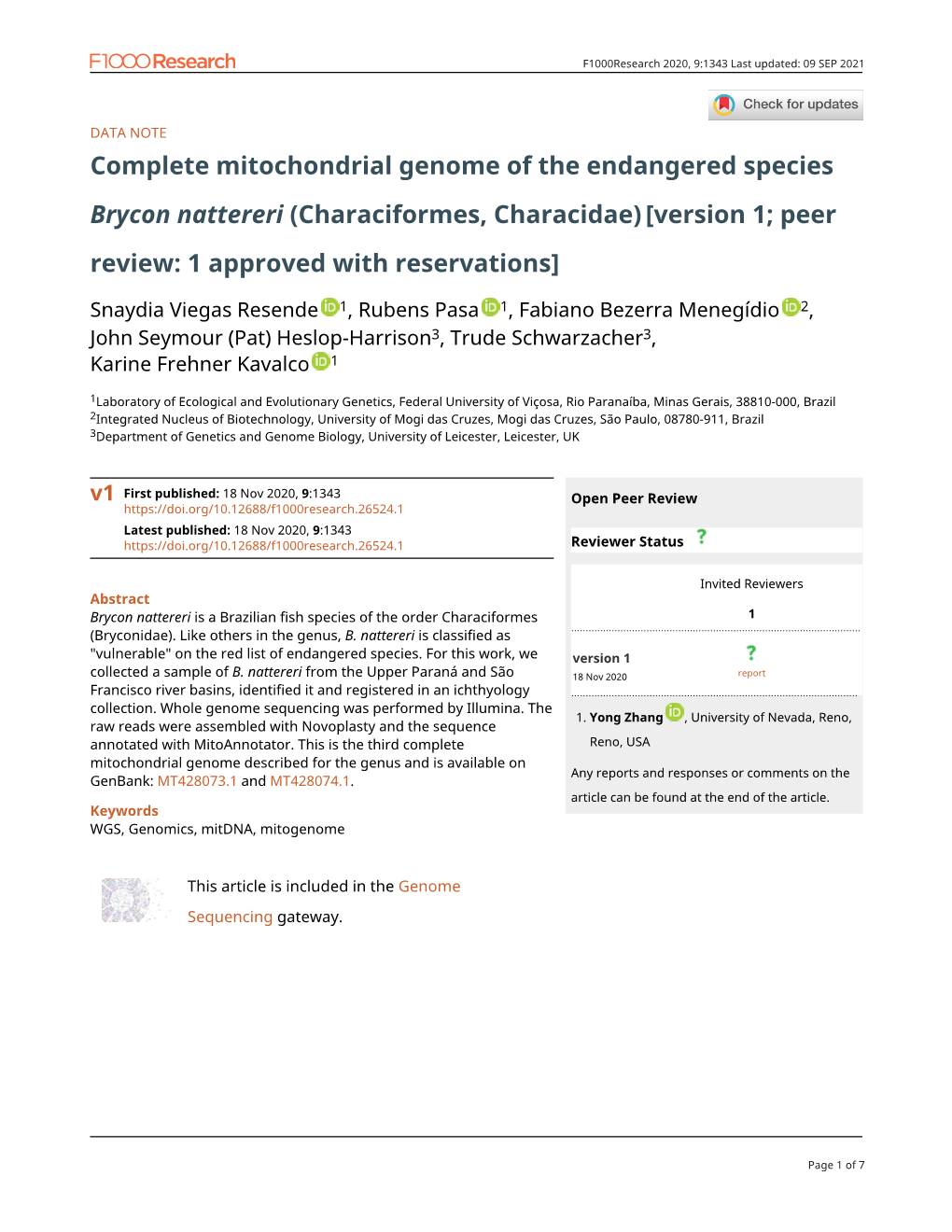 Complete Mitochondrial Genome of the Endangered Species Brycon