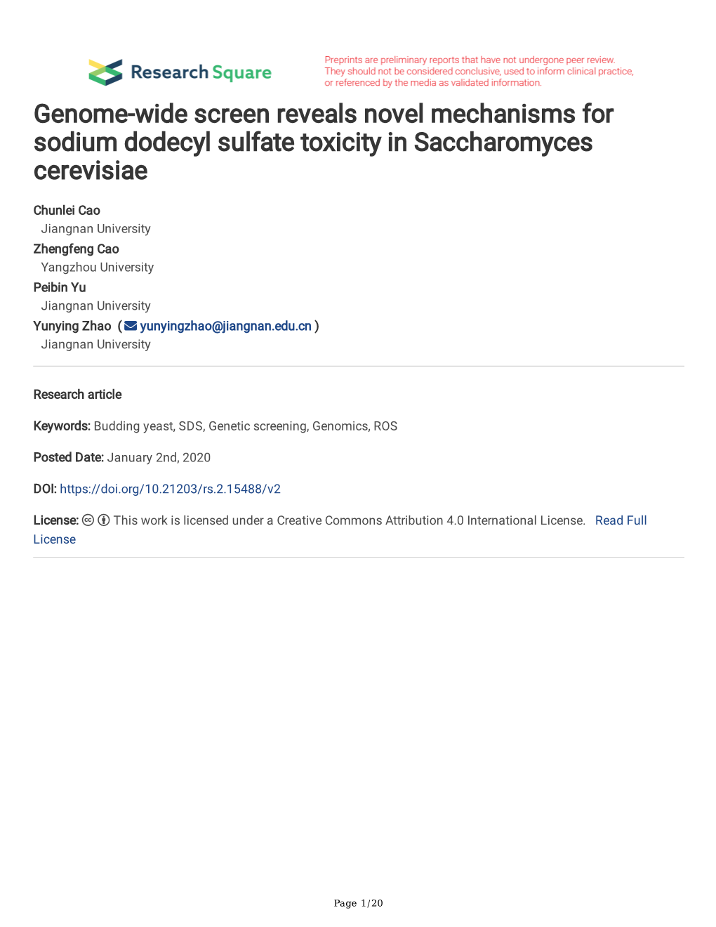 Genome-Wide Screen Reveals Novel Mechanisms for Sodium Dodecyl Sulfate Toxicity in Saccharomyces Cerevisiae