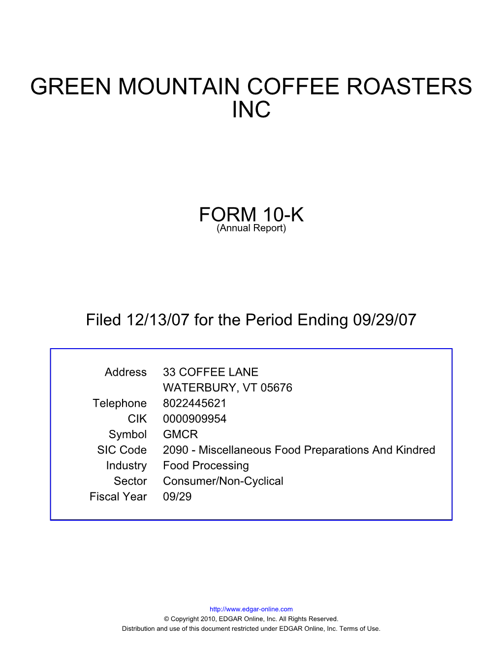 Green Mountain Coffee Roasters Inc