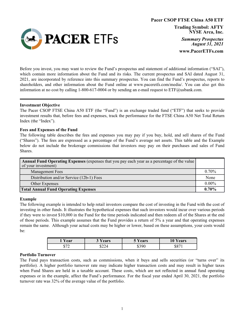 Pacer CSOP FTSE China A50 ETF Trading Symbol: AFTY NYSE Arca, Inc