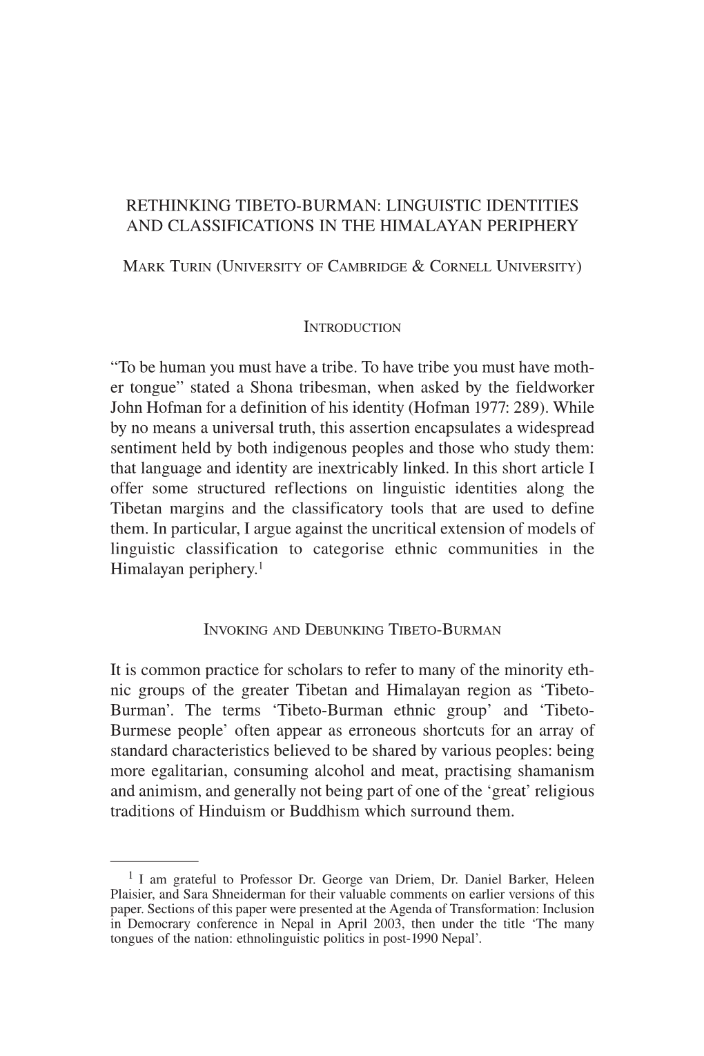 Rethinking Tibeto-Burman: Linguistic Identities and Classifications in the Himalayan Periphery