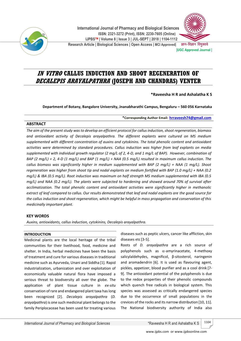 In Vitro Callus Induction and Shoot Regeneration of Decalepis Arayalpathra (Joseph and Chandras) Venter