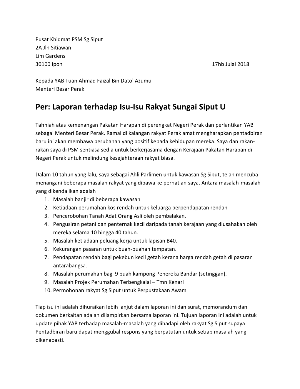 Per: Laporan Terhadap Isu-Isu Rakyat Sungai Siput U