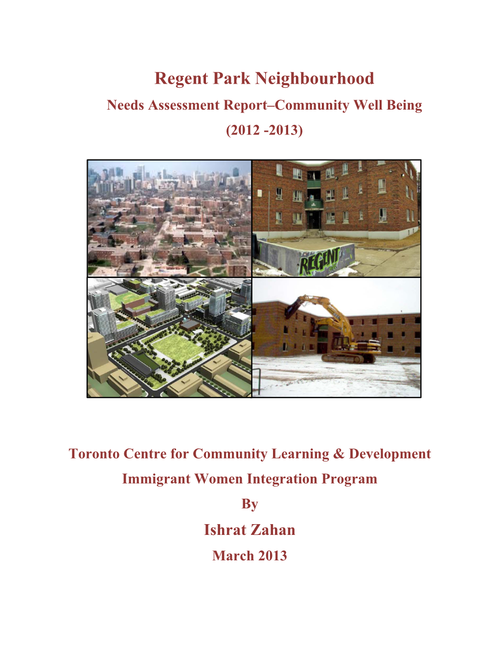 Regent Park Neighbourhood Needs Assessment Report–Community Well Being (2012 -2013)