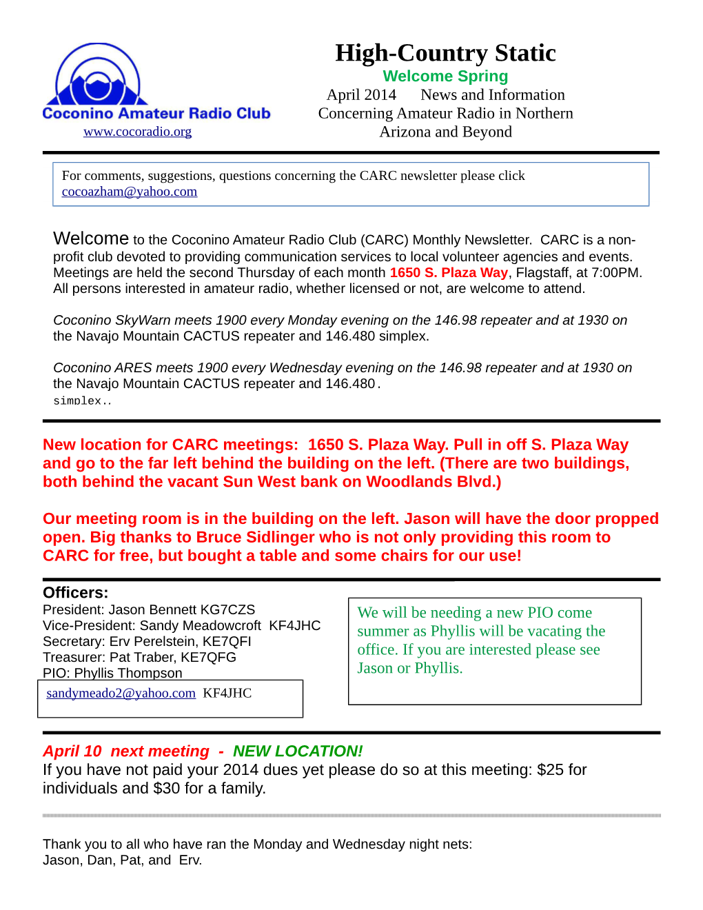 High-Country Static Welcome Spring April 2014 News and Information Concerning Amateur Radio in Northern Arizona and Beyond