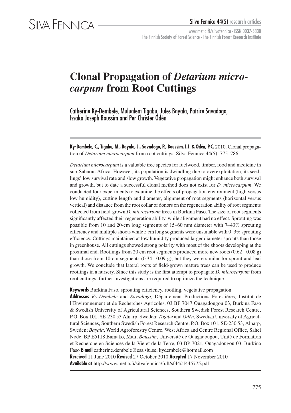 Clonal Propagation of Detarium Microcarpum from Root Cuttings