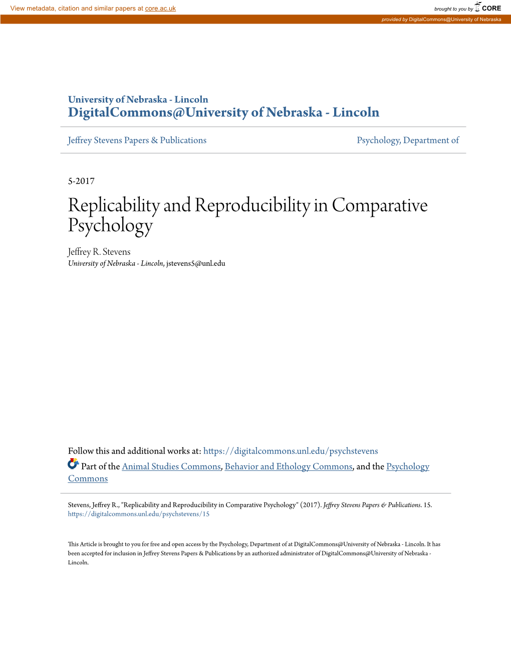 Replicability and Reproducibility in Comparative Psychology Jeffrey R