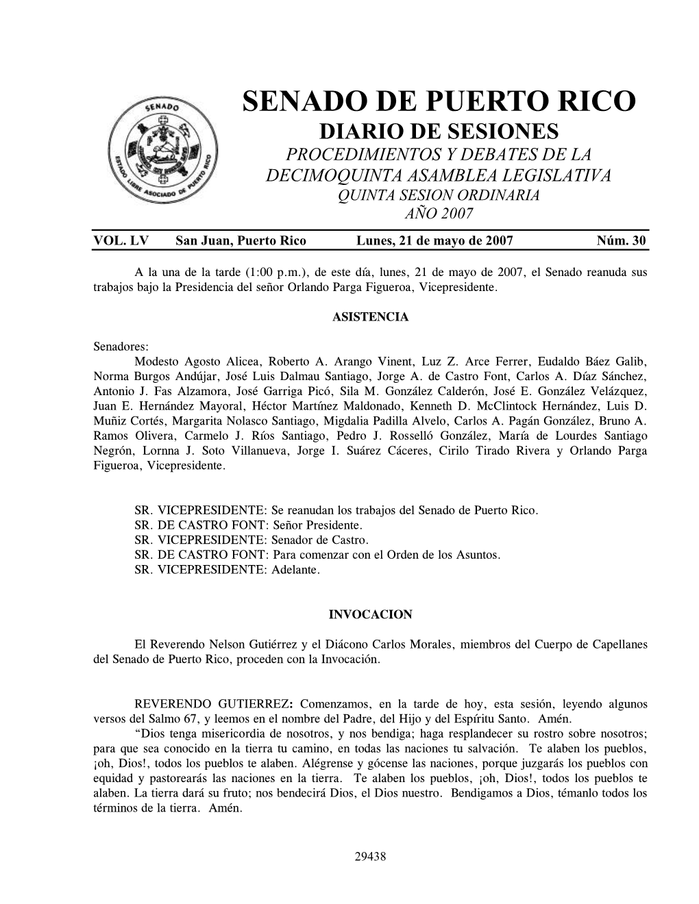 Senado De Puerto Rico Diario De Sesiones Procedimientos Y Debates De La Decimoquinta Asamblea Legislativa Quinta Sesion Ordinaria Año 2007 Vol