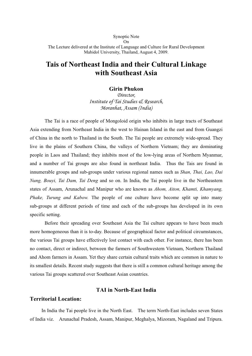Tais of Northeast India and Their Cultural Linkage with Southeast Asia