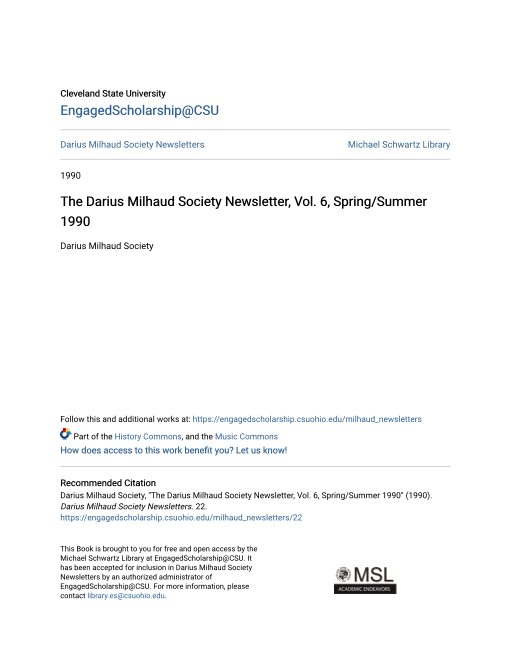 The Darius Milhaud Society Newsletter, Vol. 6, Spring/Summer 1990