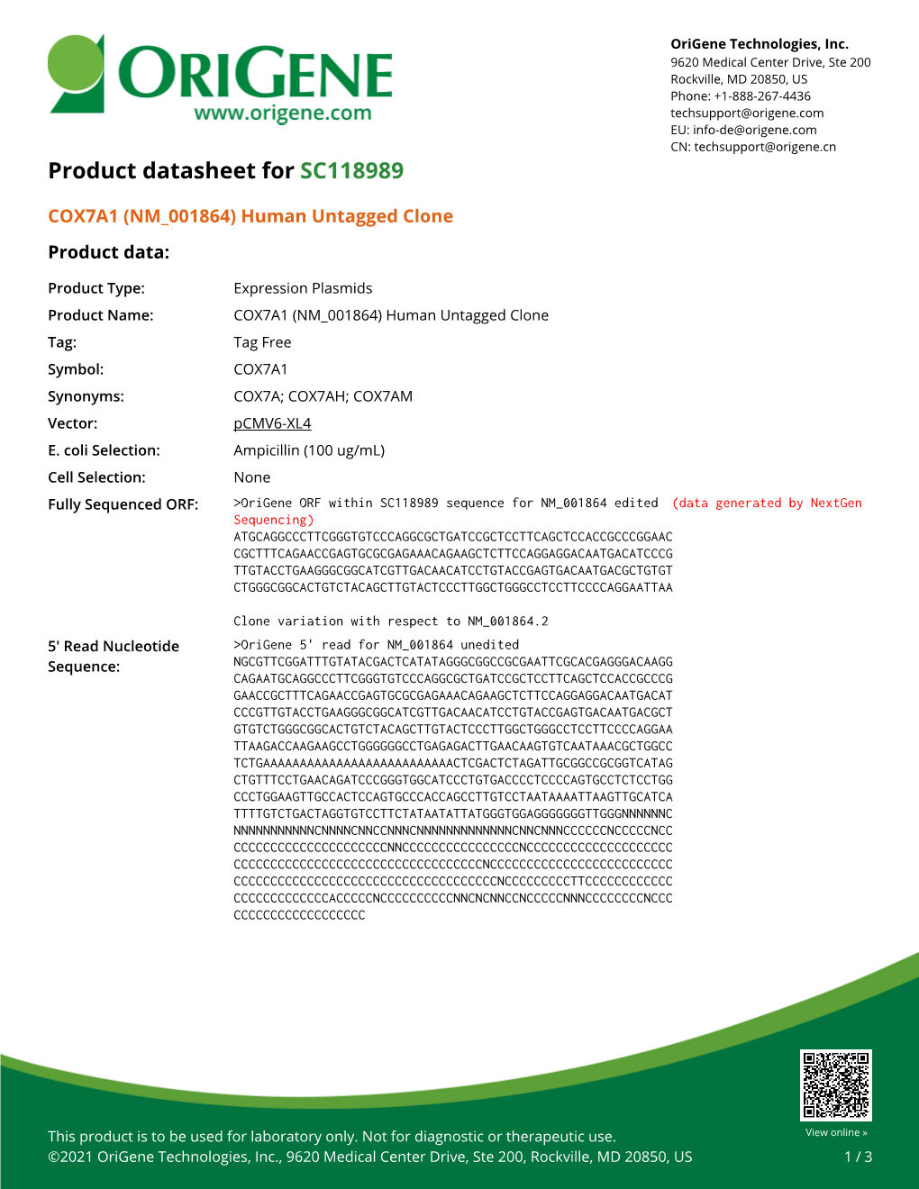 COX7A1 (NM 001864) Human Untagged Clone Product Data