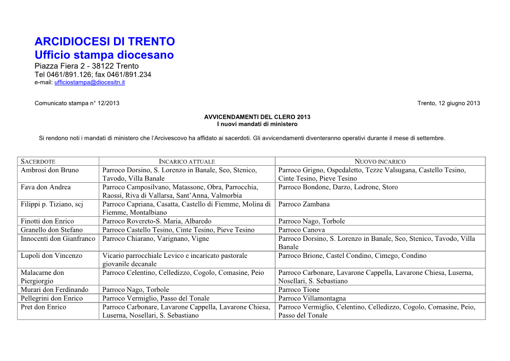 ARCIDIOCESI DI TRENTO Ufficio Stampa Diocesano Piazza Fiera 2 - 38122 Trento Tel 0461/891.126; Fax 0461/891.234 E-Mail: Ufficiostampa@Diocesitn.It