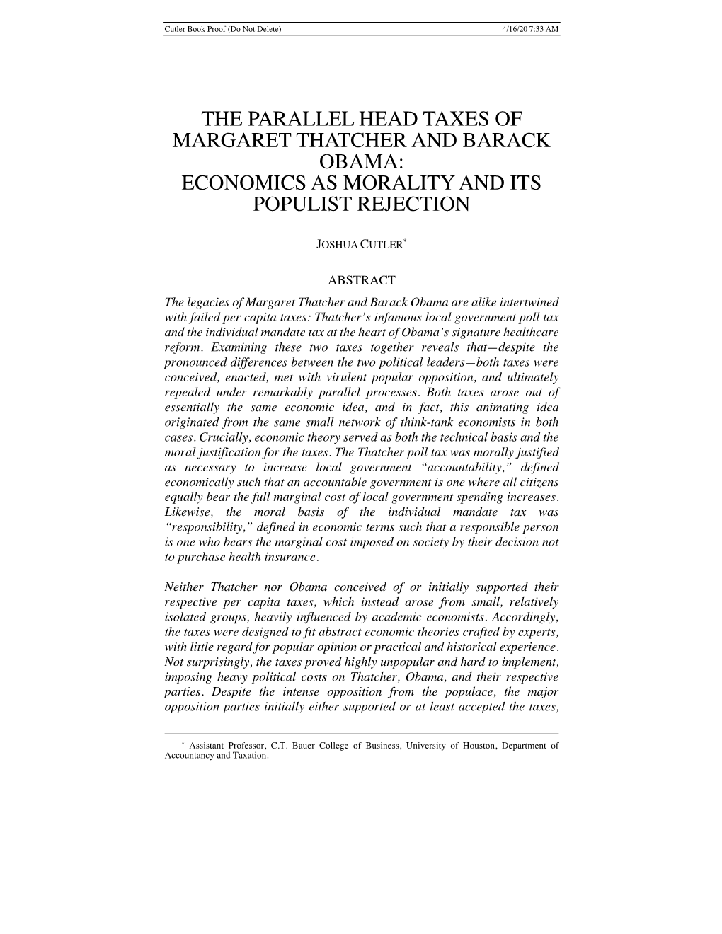 The Parallel Head Taxes of Margaret Thatcher and Barack Obama: Economics As Morality and Its Populist Rejection