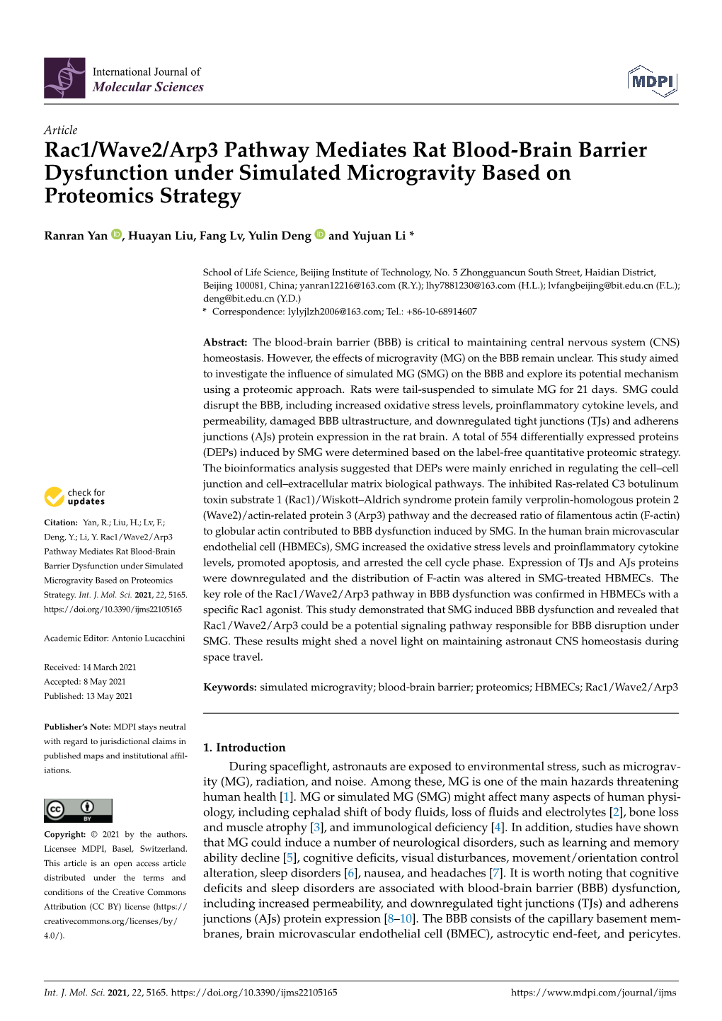 Rac1/Wave2/Arp3 Pathway Mediates Rat Blood-Brain Barrier Dysfunction Under Simulated Microgravity Based on Proteomics Strategy