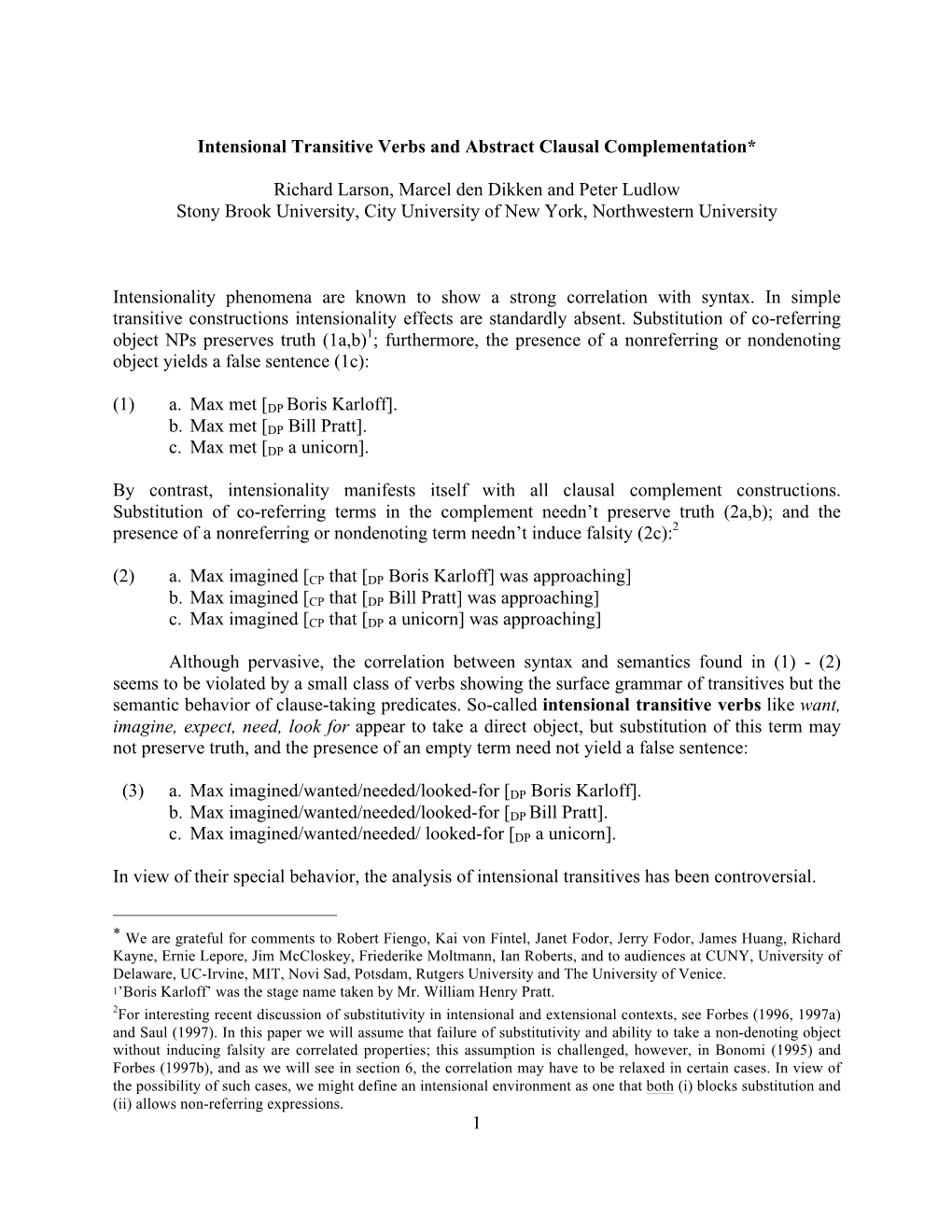 1 Intensional Transitive Verbs and Abstract Clausal Complementation