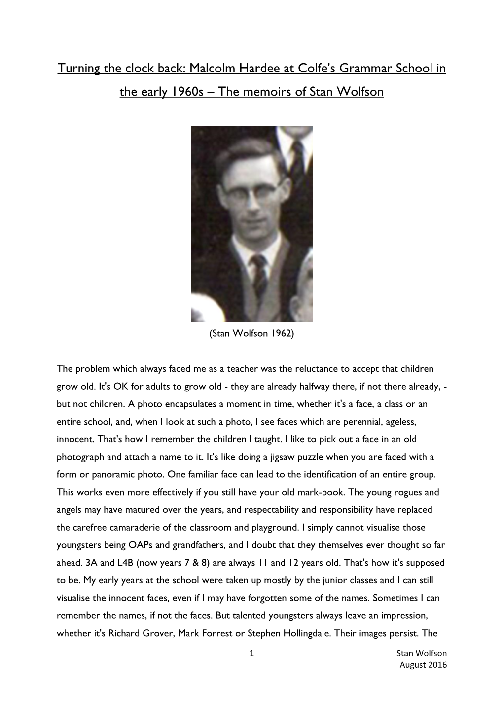 Malcolm Hardee at Colfe's Grammar School in the Early 1960S – the Memoirs of Stan Wolfson