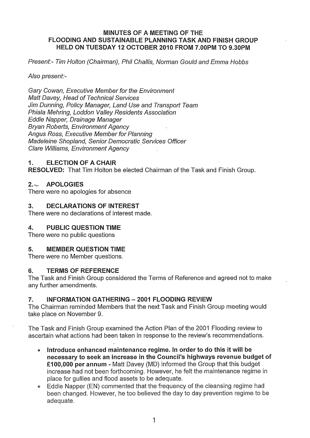 Minutes of a Meeting of the Flooding and Sustainable Planning Task and Finish Group Held on Tuesday 12 October 2010 from 7.00Pm to 9.30Pm