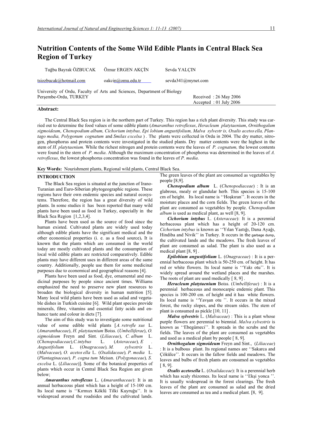 Nutrition Contents of the Some Wild Edible Plants in Central Black Sea Region of Turkey