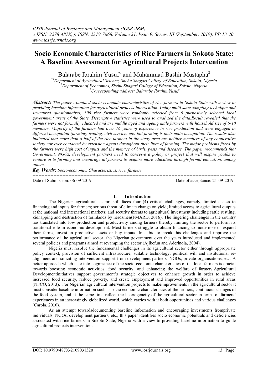 Socio Economic Characteristics of Rice Farmers in Sokoto State: a Baseline Assessment for Agricultural Projects Intervention
