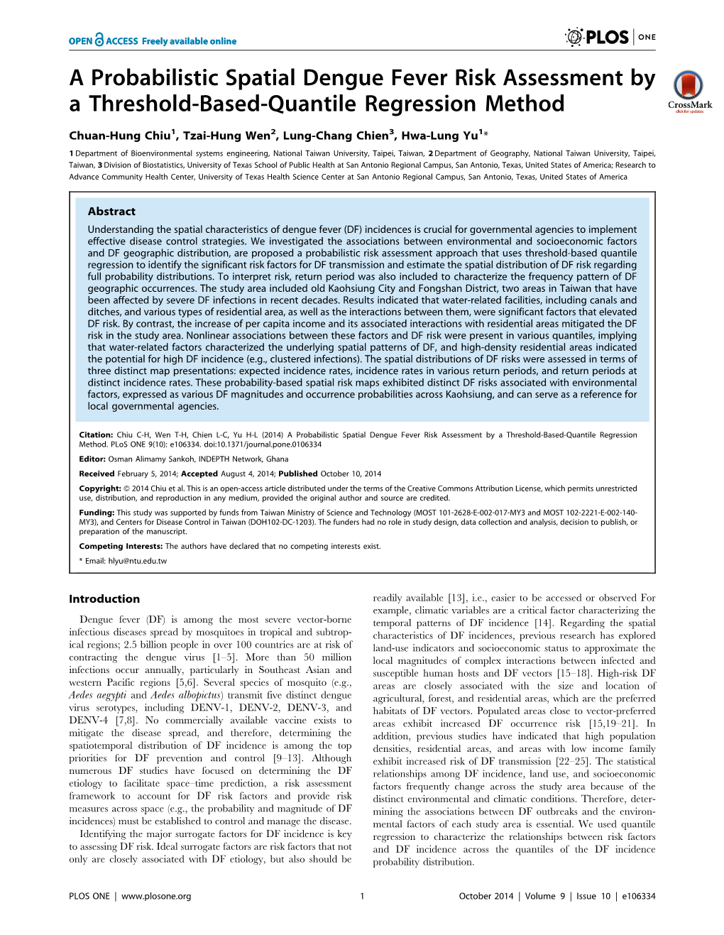 A Probabilistic Spatial Dengue Fever Risk Assessment by a Threshold-Based-Quantile Regression Method