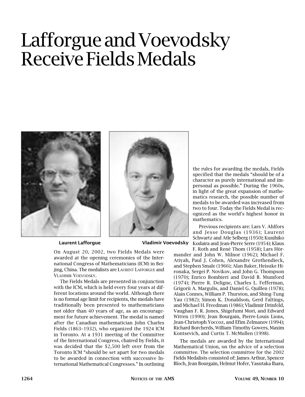 Lafforgue and Voevodsky Receive Fields Medals, Volume 49, Number