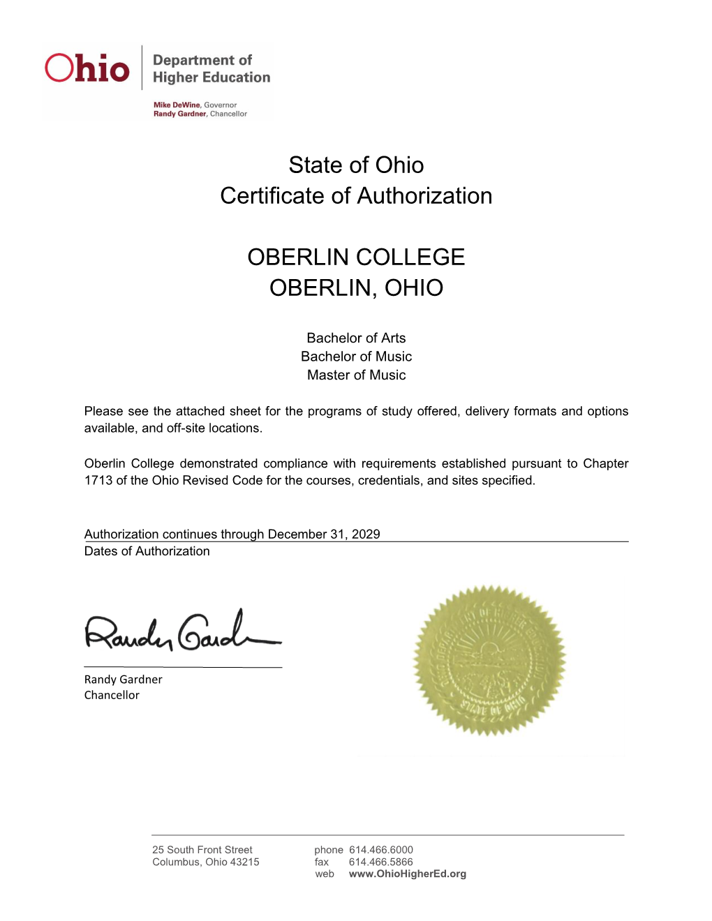 State of Ohio Certificate of Authorization OBERLIN COLLEGE