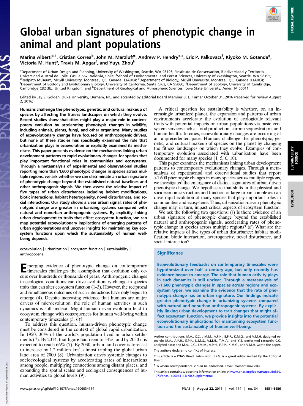 Global Urban Signatures of Phenotypic Change in Animal and Plant