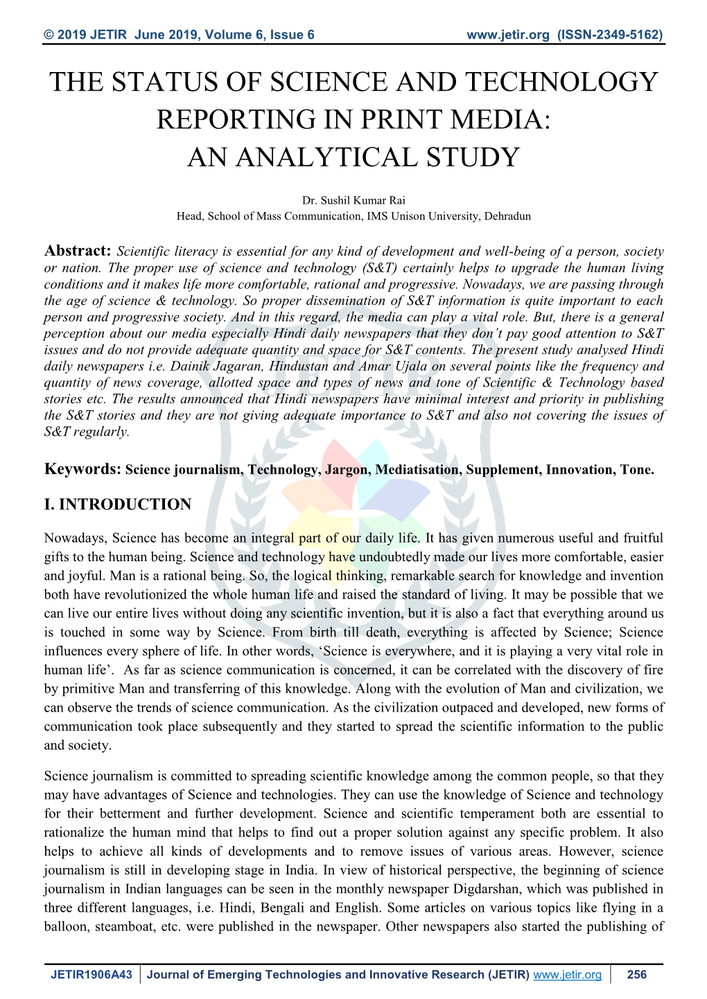 The Status of Science and Technology Reporting in Print Media: an Analytical Study