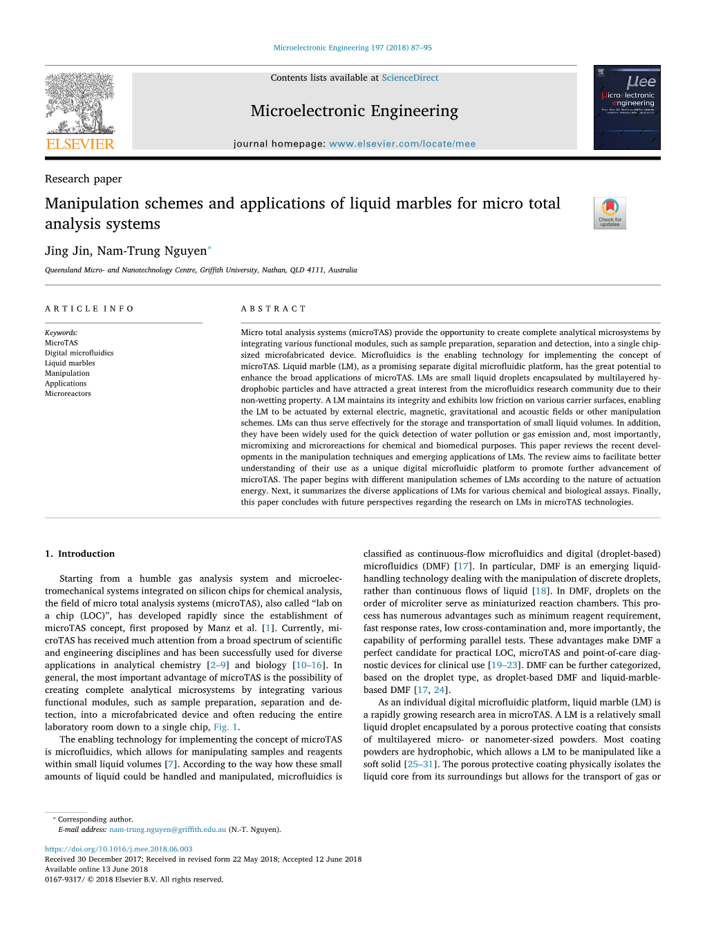 Manipulation Schemes and Applications of Liquid Marbles for Micro Total T Analysis Systems ⁎ Jing Jin, Nam-Trung Nguyen