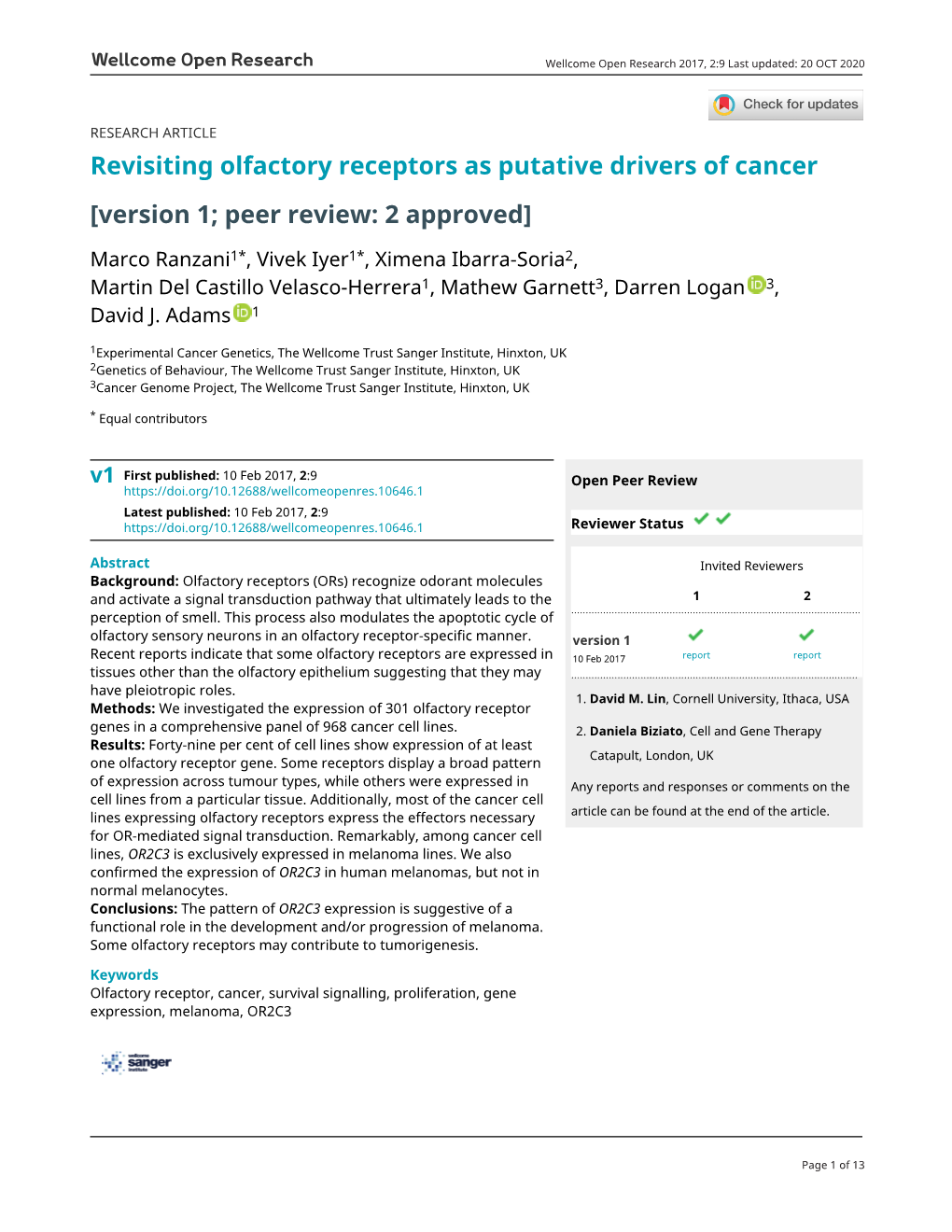 Revisiting Olfactory Receptors As Putative Drivers of Cancer [Version 1; Peer Review: 2 Approved]