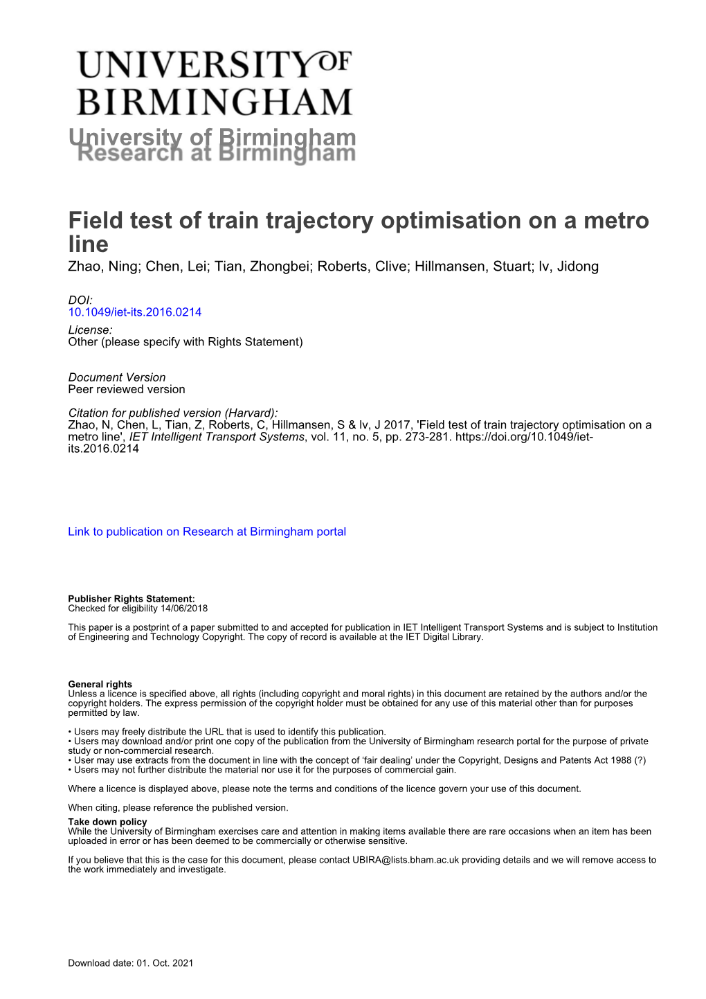 University of Birmingham Field Test of Train Trajectory Optimisation on A
