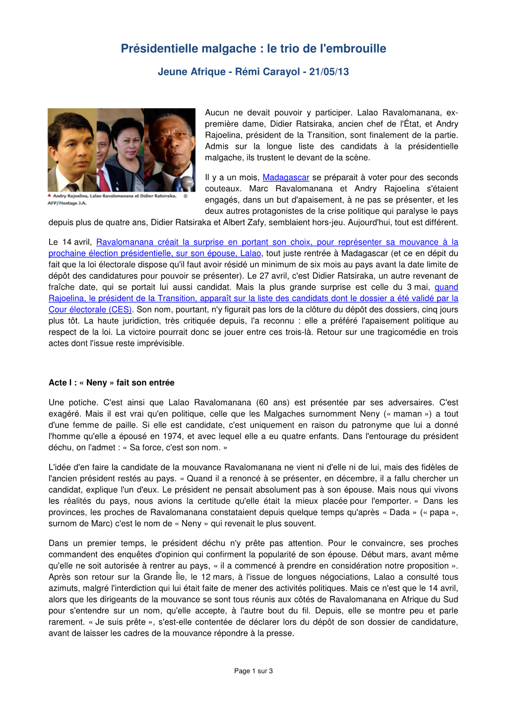 Présidentielle Malgache : Le Trio De L'embrouille