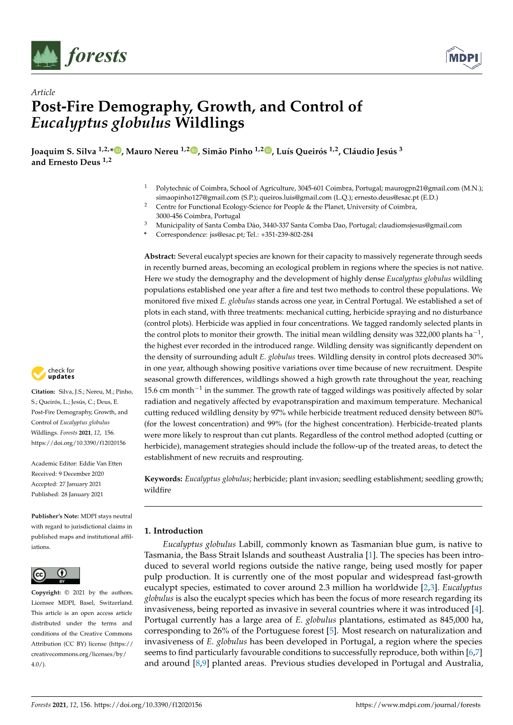 Post-Fire Demography, Growth, and Control of Eucalyptus Globulus Wildlings