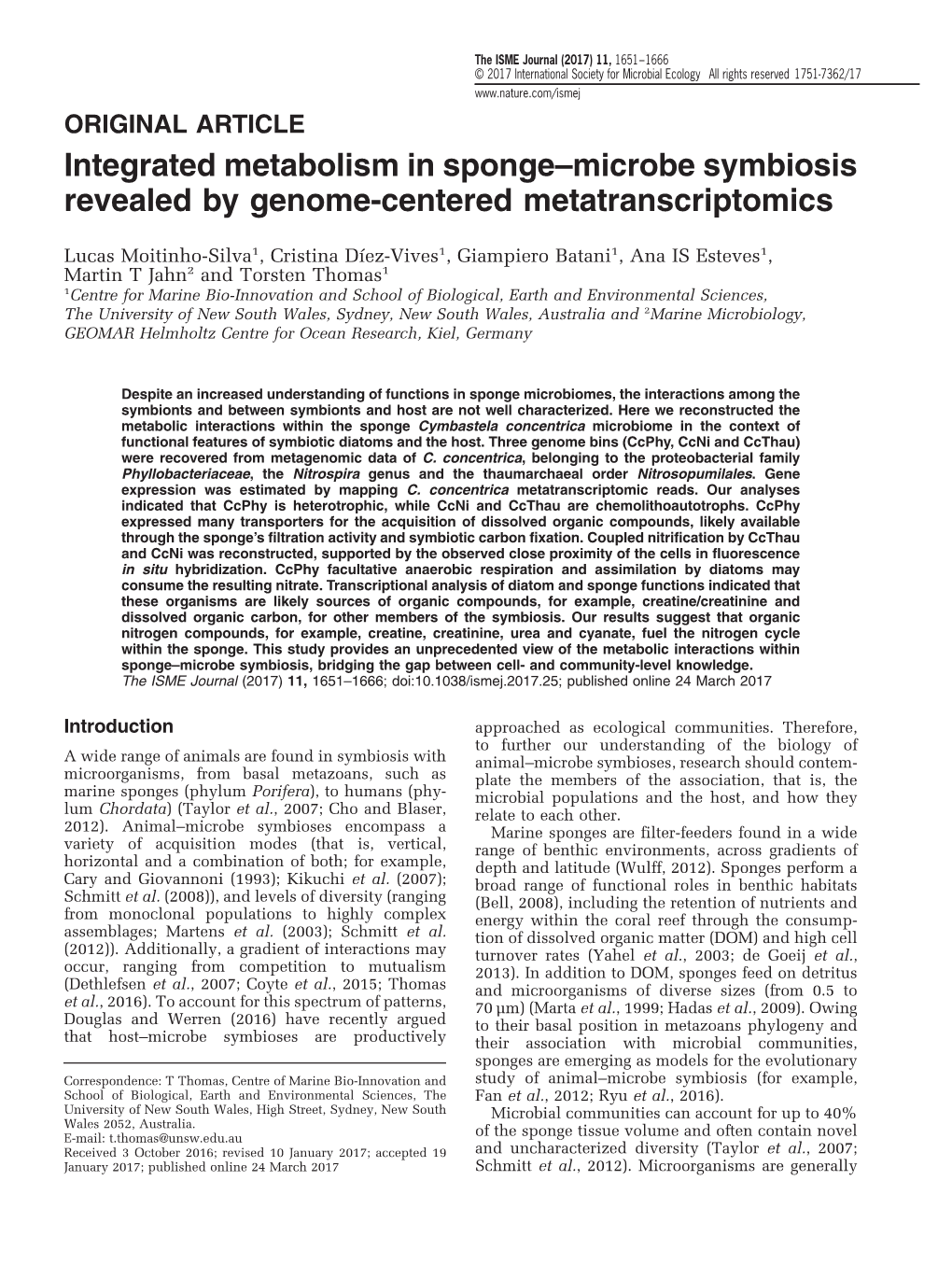 Integrated Metabolism in Sponge–Microbe Symbiosis Revealed by Genome-Centered Metatranscriptomics