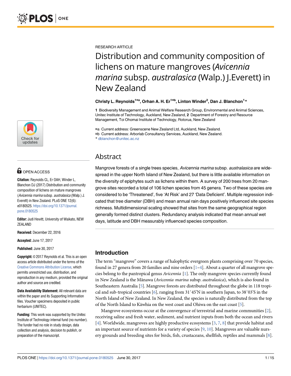 Distribution and Community Composition of Lichens on Mature Mangroves (Avicennia Marina Subsp. Australasica (Walp.) J. Everett) in New Zealand