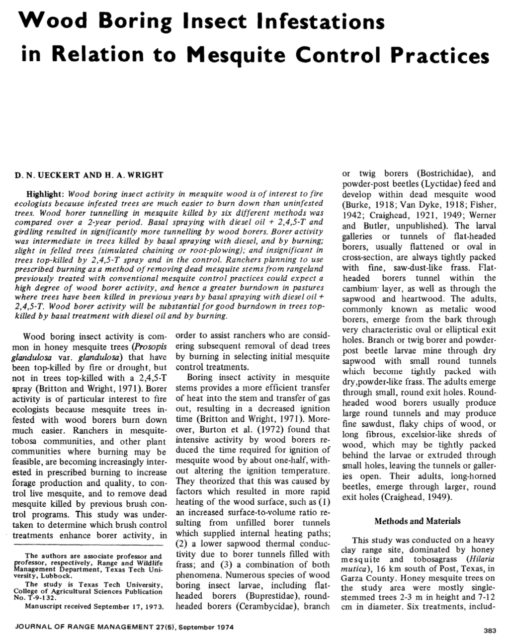 Wood Boring Insect Infestations in Relation to Mesquite Control Practices