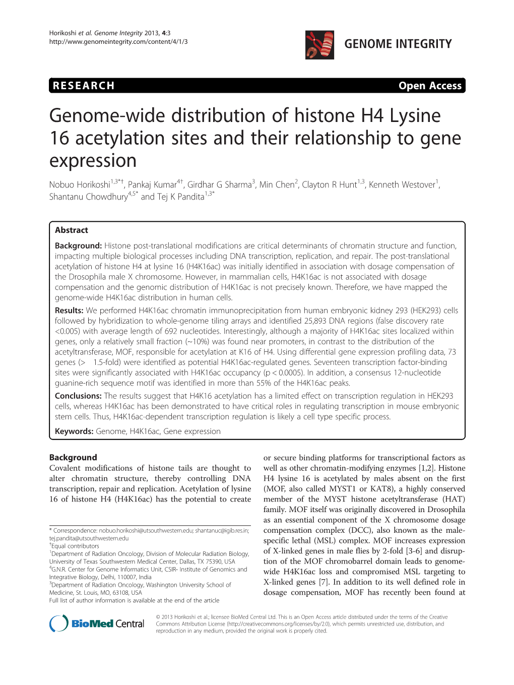 Genome-Wide Distribution of Histone H4 Lysine 16 Acetylation Sites and Their Relationship to Gene Expression