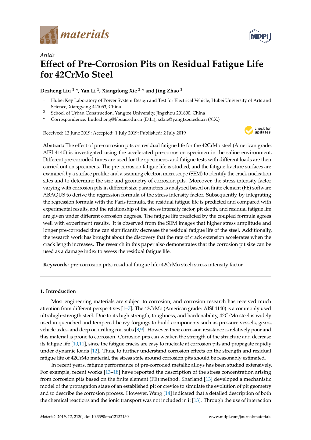 Effect of Pre-Corrosion Pits on Residual Fatigue Life for 42Crmo