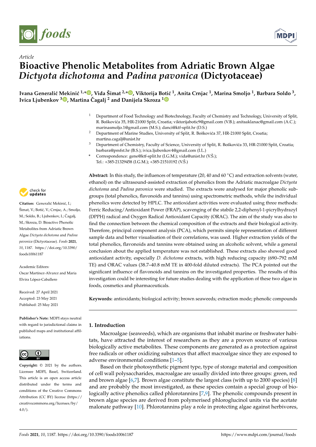 Bioactive Phenolic Metabolites from Adriatic Brown Algae Dictyota Dichotoma and Padina Pavonica (Dictyotaceae)