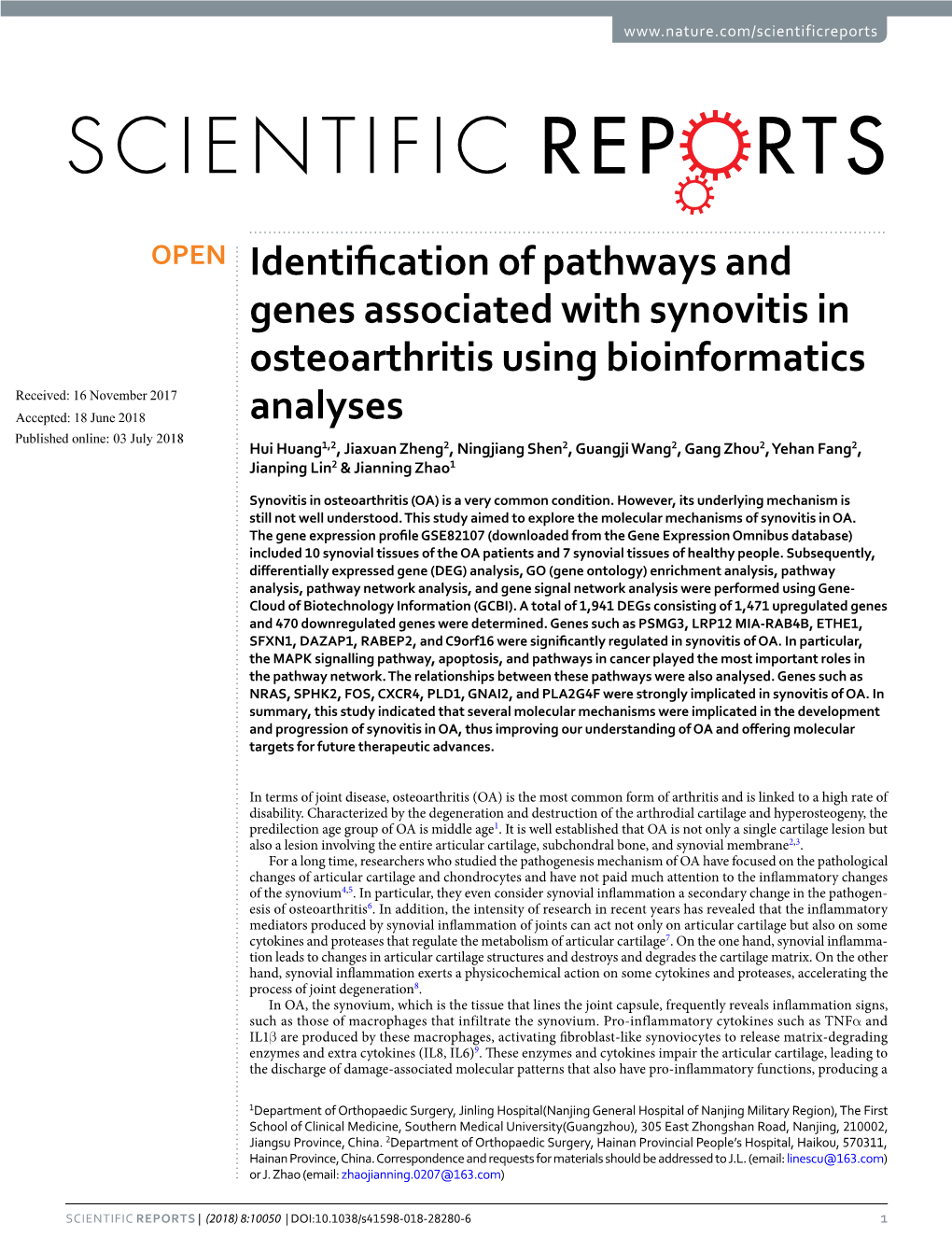 Identification of Pathways and Genes Associated with Synovitis In