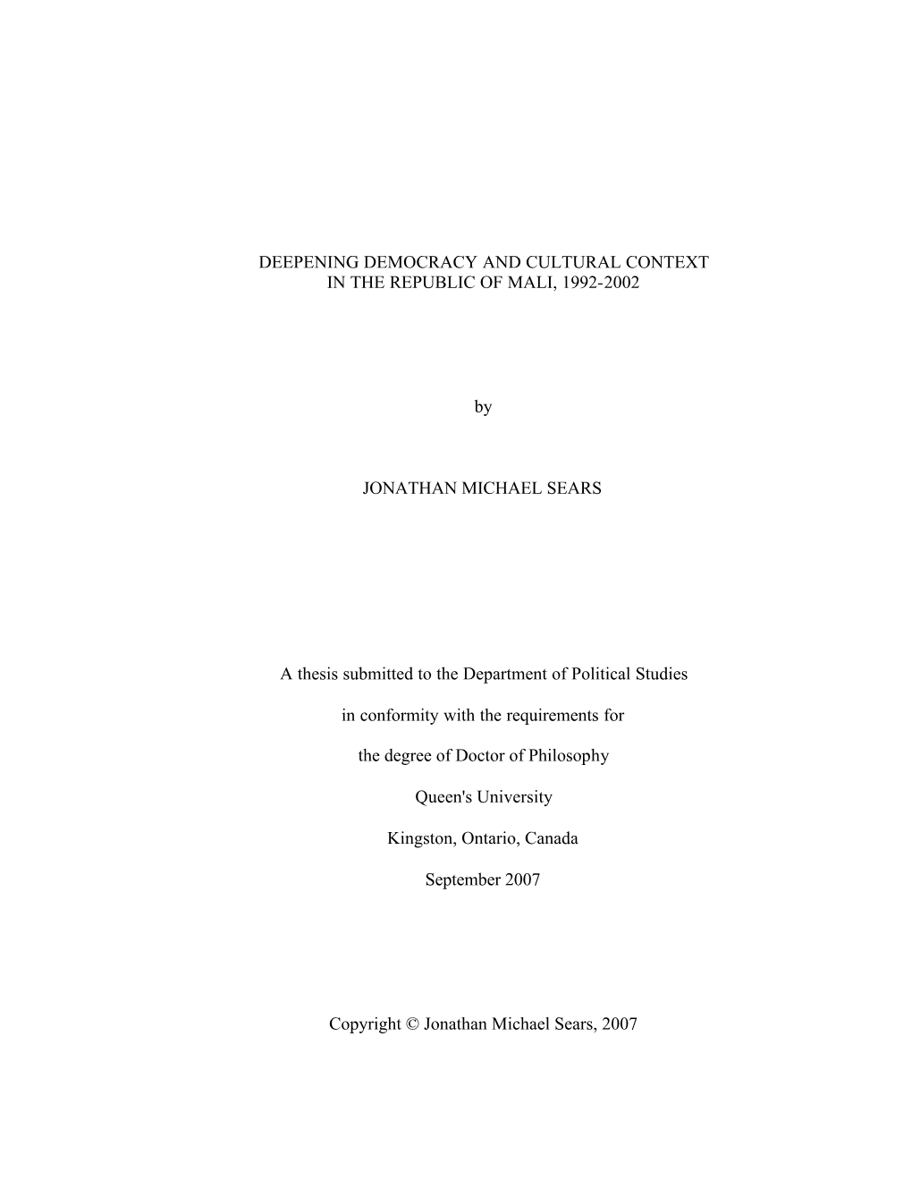 Deepening Democracy and Cultural Context in the Republic of Mali, 1992-2002