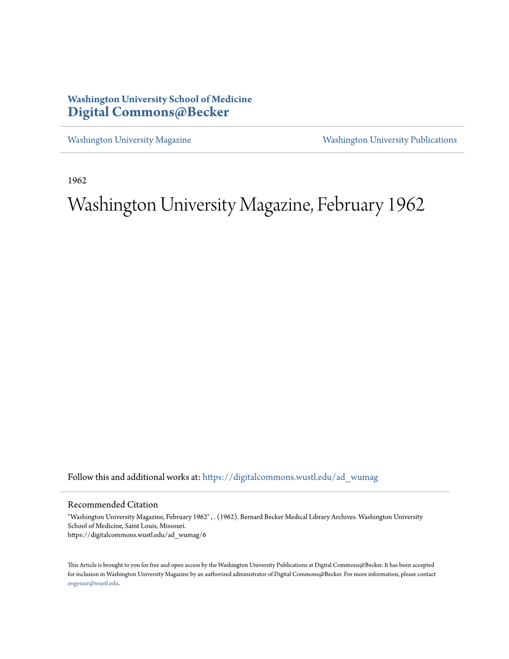 Washington University Magazine, February 1962