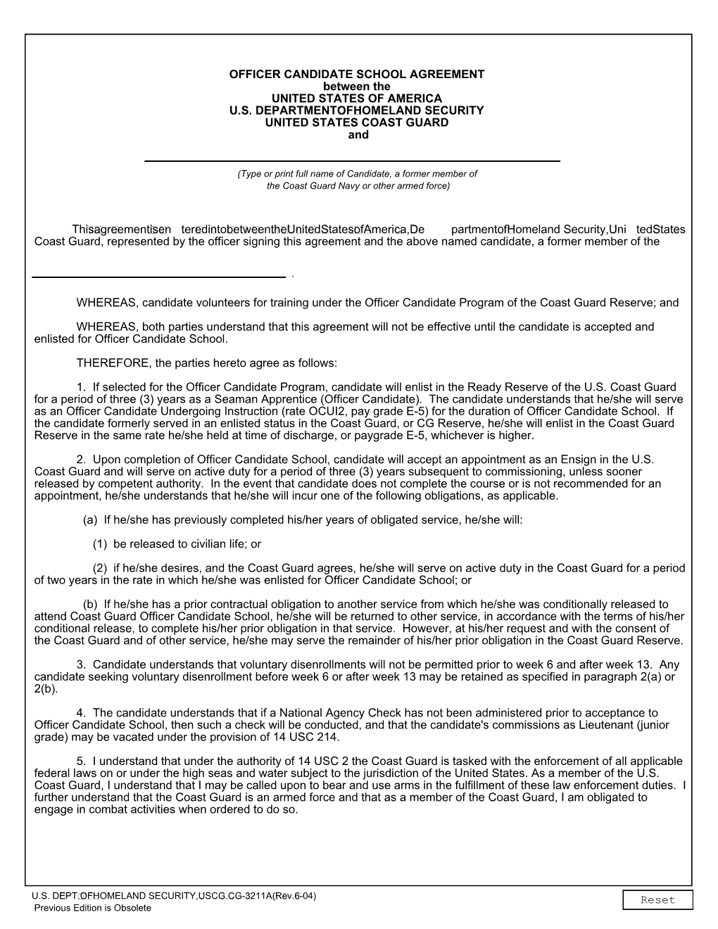 OFFICER CANDIDATE SCHOOL AGREEMENT Between the UNITED STATES of AMERICA U.S