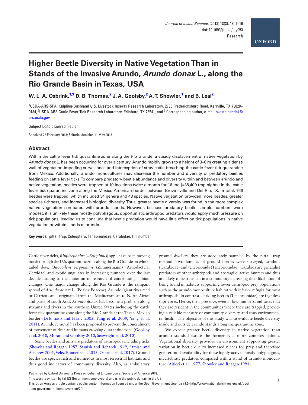 Higher Beetle Diversity in Native Vegetation Than in Stands of the Invasive Arundo, Arundo Donax L., Along the Rio Grande Basin in Texas, USA