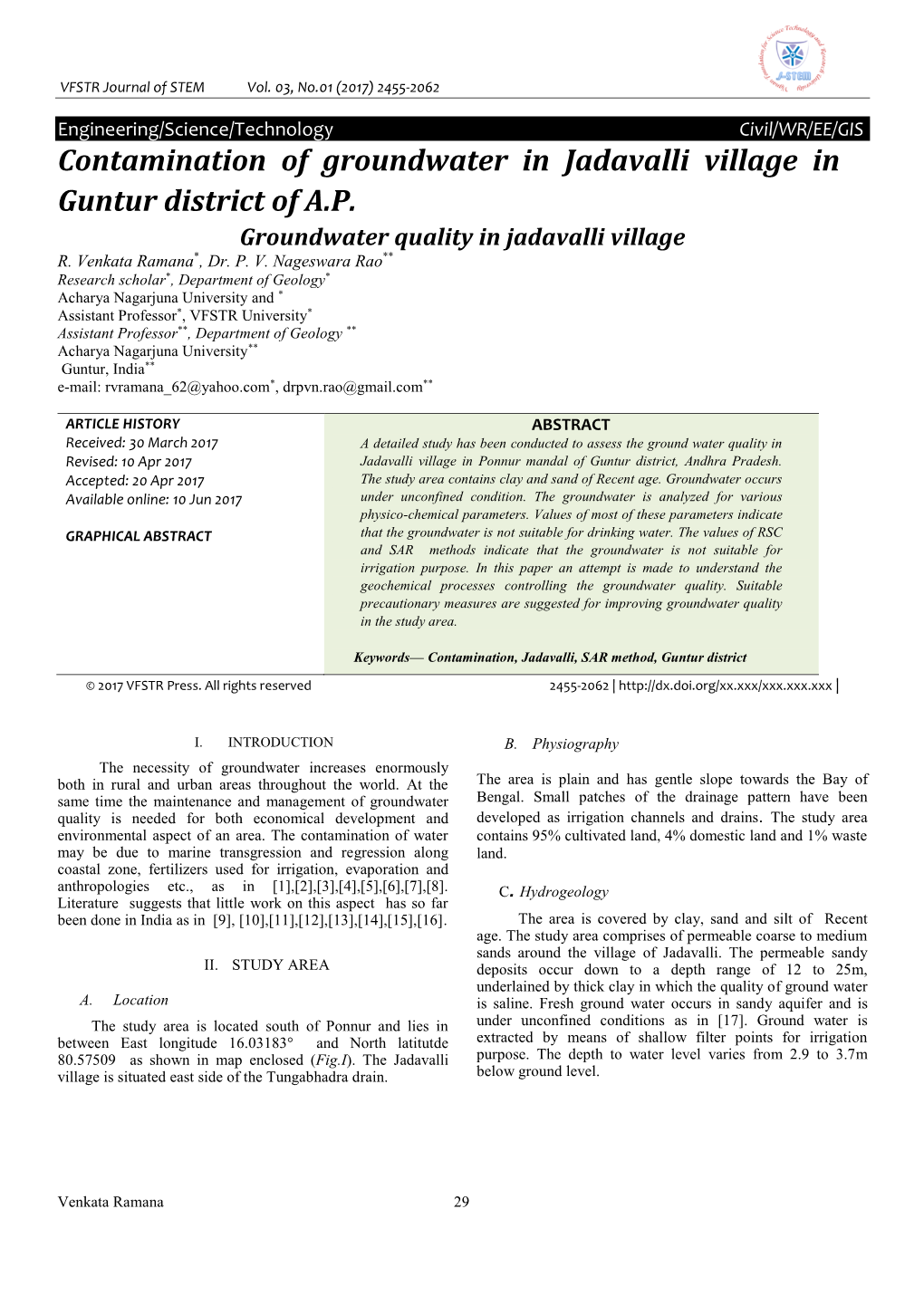 Contamination of Groundwater in Jadavalli Village in Guntur District of A.P