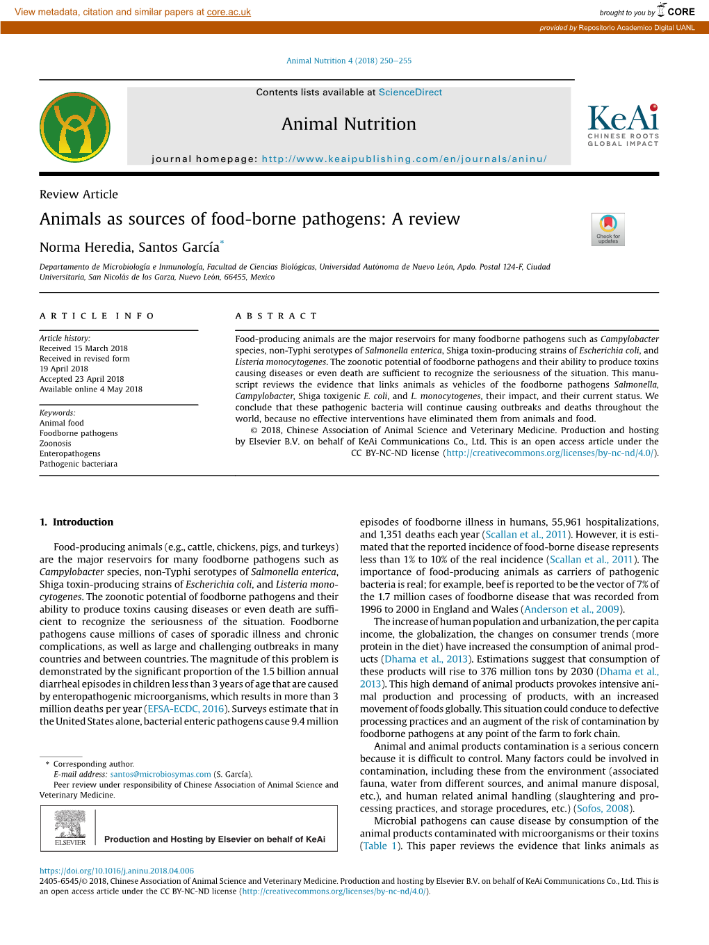 Animals As Sources of Food-Borne Pathogens: a Review