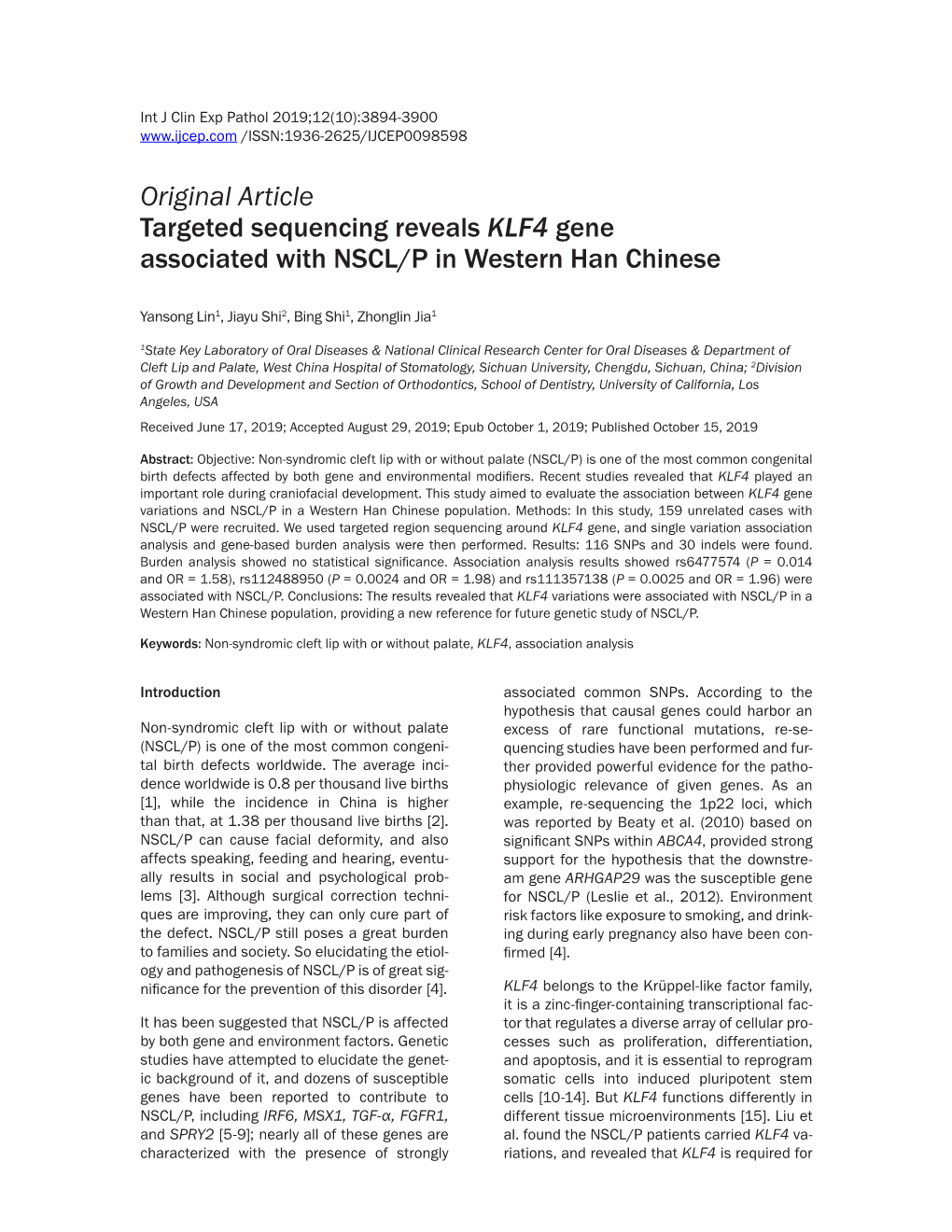 Original Article Targeted Sequencing Reveals KLF4 Gene Associated with NSCL/P in Western Han Chinese