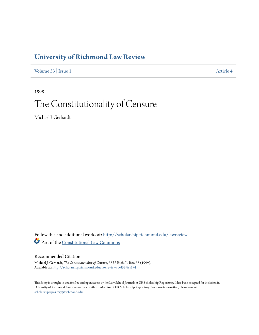 The Constitutionality of Censure, 33 U